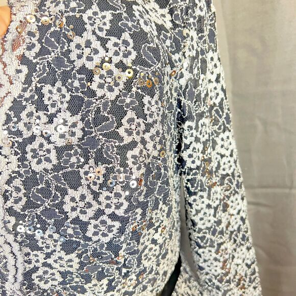 Alex Evenings top blouse S black silver lace sequins with bow - Picture 5 of 8
